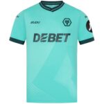 Turquoise sports jersey with a geometric pattern, sponsor text 'DEBET' across the chest, wolf crest on the left chest, and brand logos on sleeves.