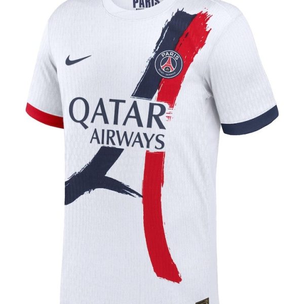 White PSG football jersey featuring a navy-red brushstroke design, club crest, Nike logo, and Qatar Airways sponsorship on the front.