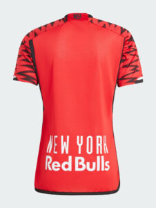 Red New York Red Bulls jersey viewed from the back, featuring bold white 'New York Red Bulls' text and red/black patterned sleeves.