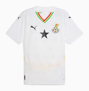 White Ghana national football team jersey with a rainbow V-neck, black Puma logos, a black star on the chest, and the Ghana Football Association crest on the right chest area.