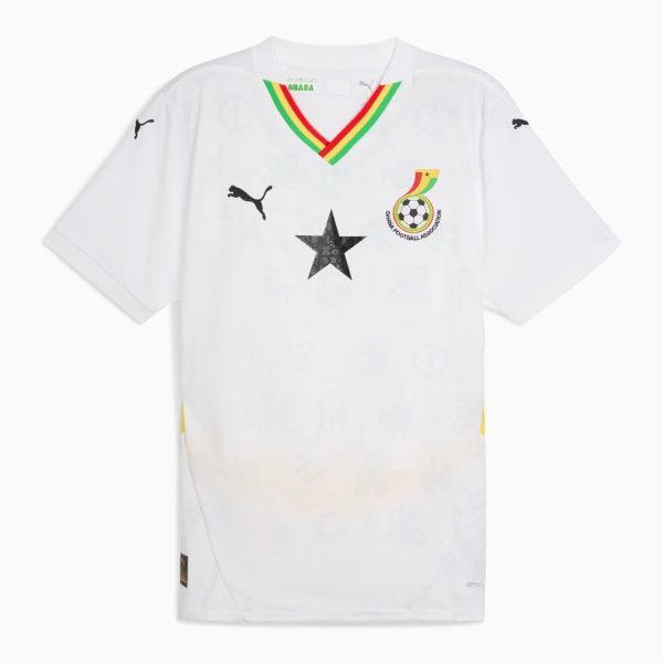 White Ghana national football team jersey with a rainbow V-neck, black Puma logos, a black star on the chest, and the Ghana Football Association crest on the right chest area.