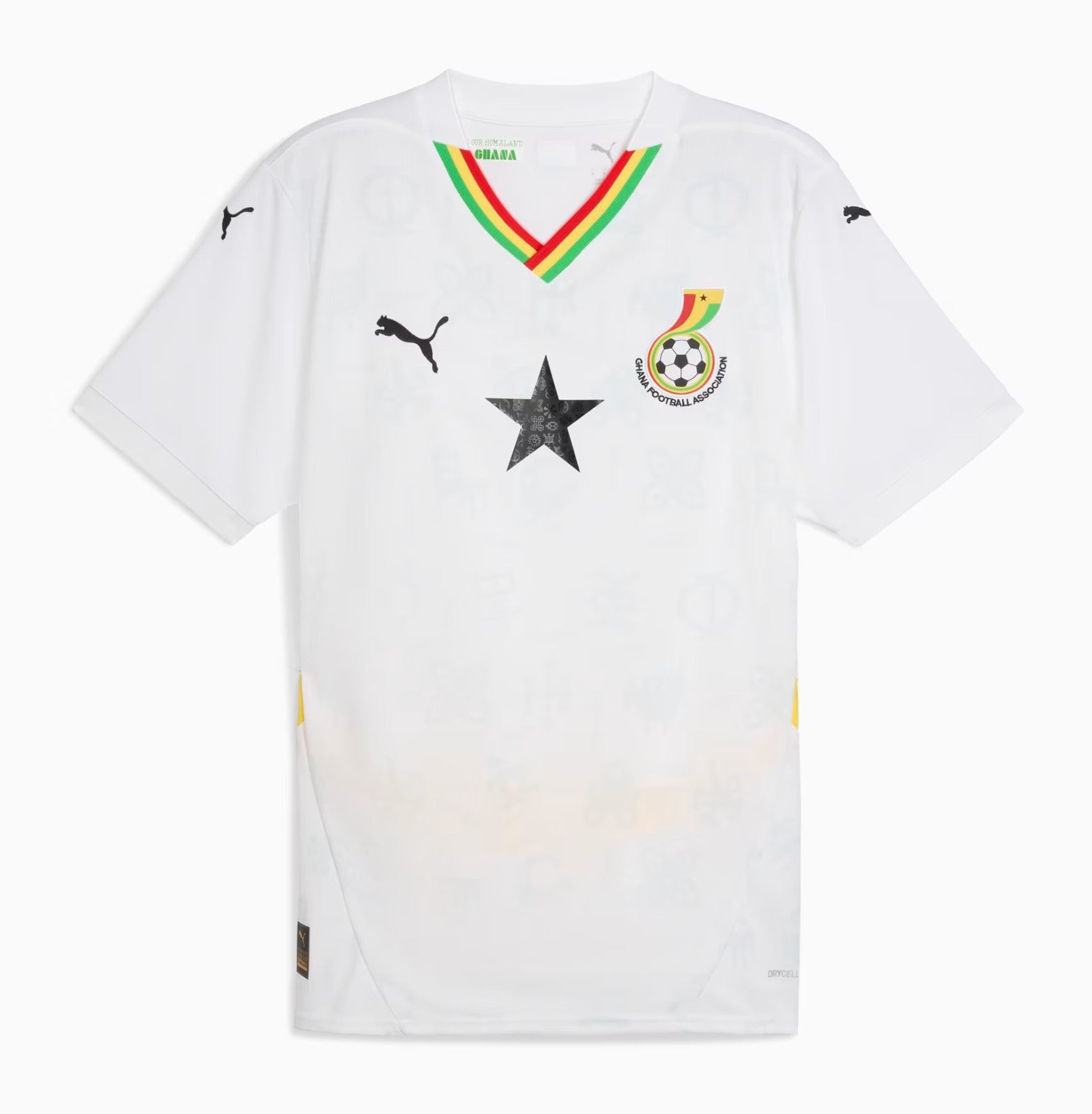 zIrJ9D57kzbxgvi White Ghana national football team jersey with a rainbow V-neck, black Puma logos, a black star on the chest, and the Ghana Football Association crest on the right chest area.