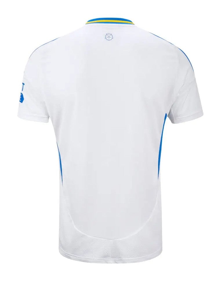 zXOIad0ENKXshzv | UAE SPORT STORE White short-sleeve sports jersey shown from the back with blue piping and a small crest at the upper center back.