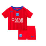 Red Paris Saint‑Germain youth soccer kit with Qatar Airways sponsor and blue Nike swoosh.