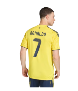 Back view of a yellow Ronaldo soccer jersey with the number 7 displayed on the back.