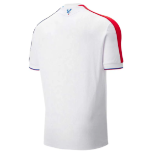 White polo shirt shown from the back with red shoulder panel and blue/red trim on the sleeves and collar detail