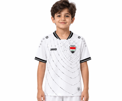 Iraq home kids football kit 2026 with white jersey and black accents.