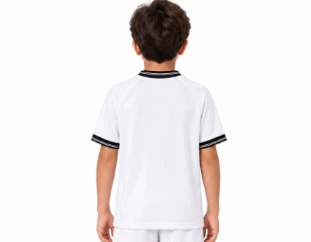 Child wearing Iraq home kids kit 2026, white jersey with black trim.