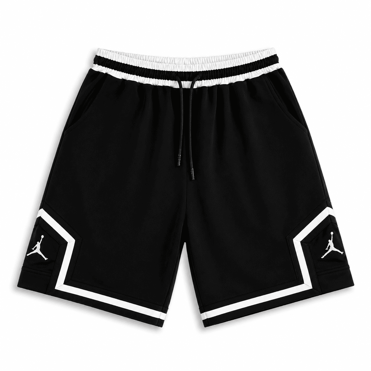 061e8e6c-bcfb-4103-92bd-c40ae0a240b6 | UAE SPORT STORE Black Basketball Shorts – White Geometric Trim