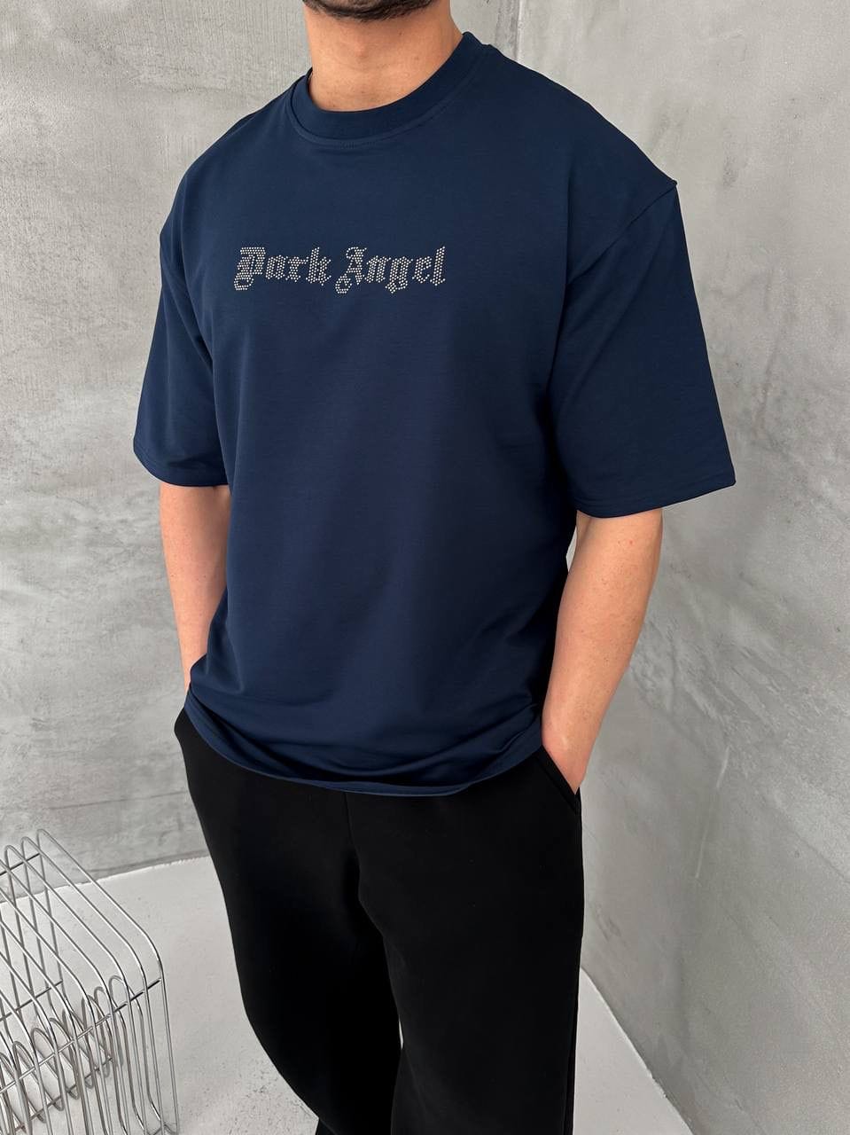 17accfaa-a8c9-439b-be1e-5a2349f5973b | UAE SPORT STORE Men’s Navy Oversized Dark Angel Rhinestone T-Shirt