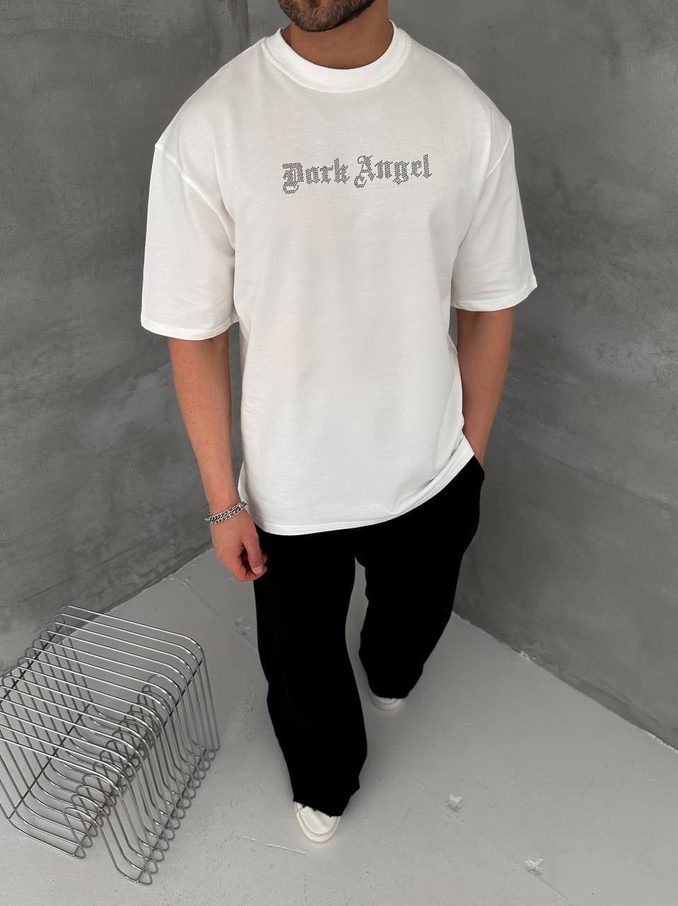 2c28ceec-6f1d-4d3b-ab62-0781028905de | UAE SPORT STORE Men’s White Oversized Dark Angel Rhinestone T-Shirt
