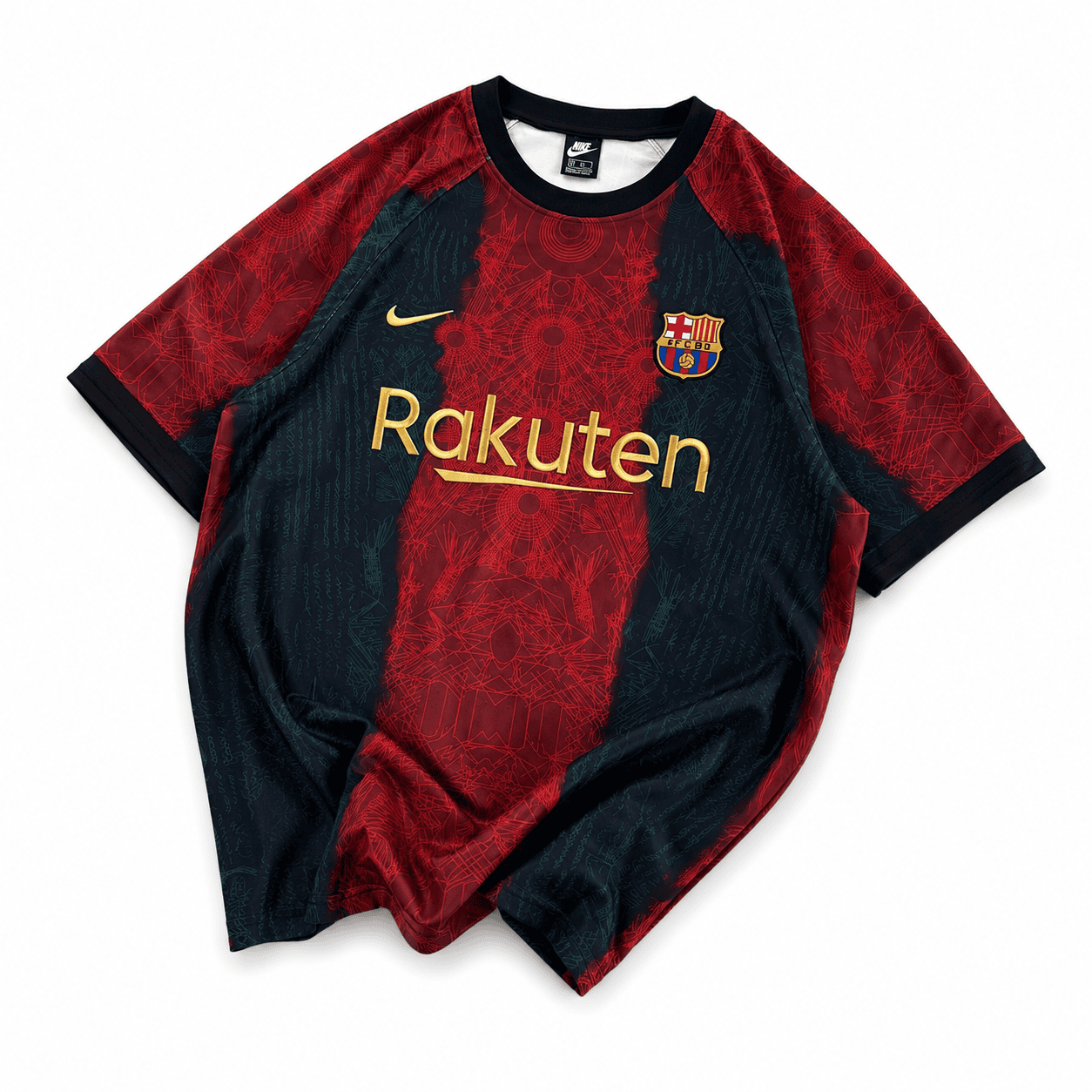 2dc91fe9-c1ca-4d3f-af31-34919144c510 | UAE SPORT STORE Barcelona Inspired Oversized Geo Print Jersey Tee Red Teal Gold