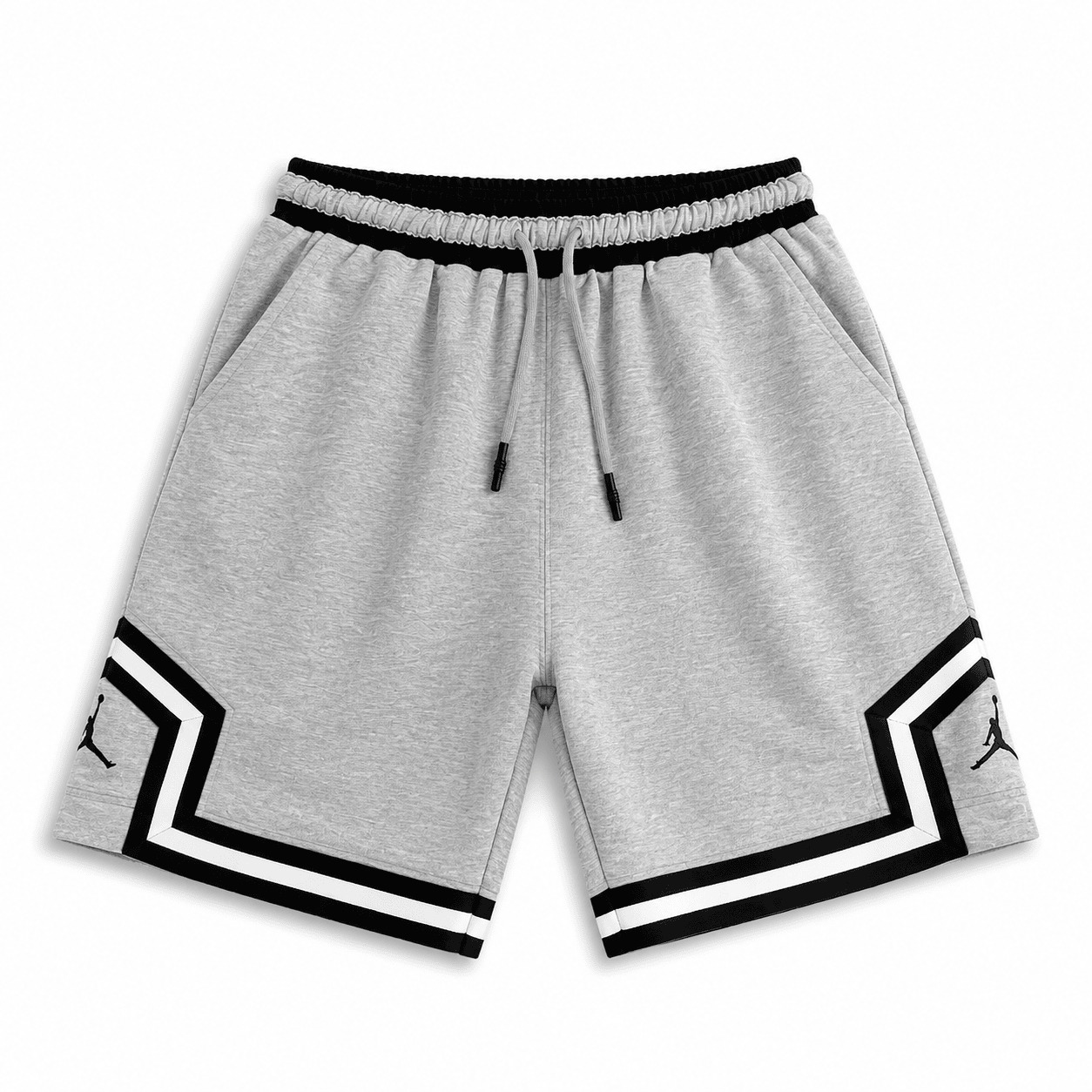 32cc6593-d36d-45a4-b11c-0e688e28218c | UAE SPORT STORE Heather Grey Basketball Shorts – Black/White Geometric Trim