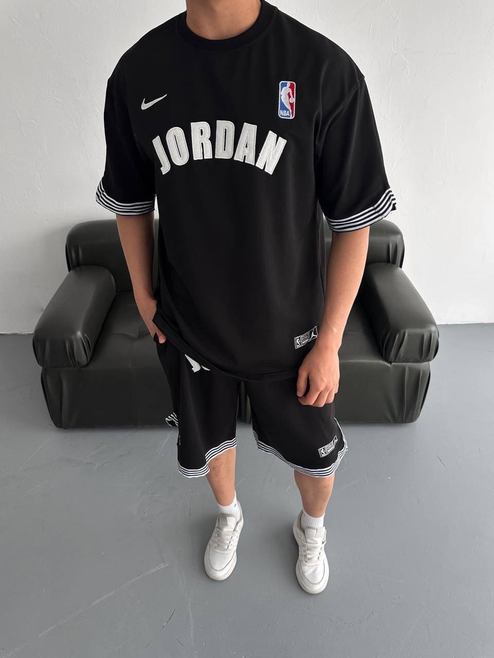 4c5cabb6-8112-46f0-bc56-a5a635a9eba8 | UAE SPORT STORE Black Basketball Jersey Tee and Shorts Set – White Stripe Trim
