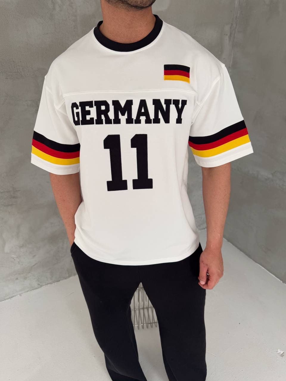 587e2d07-b27a-48f9-9583-2d7fe955d322 | UAE SPORT STORE Germany 11 Oversized Jersey Tee – White/Black