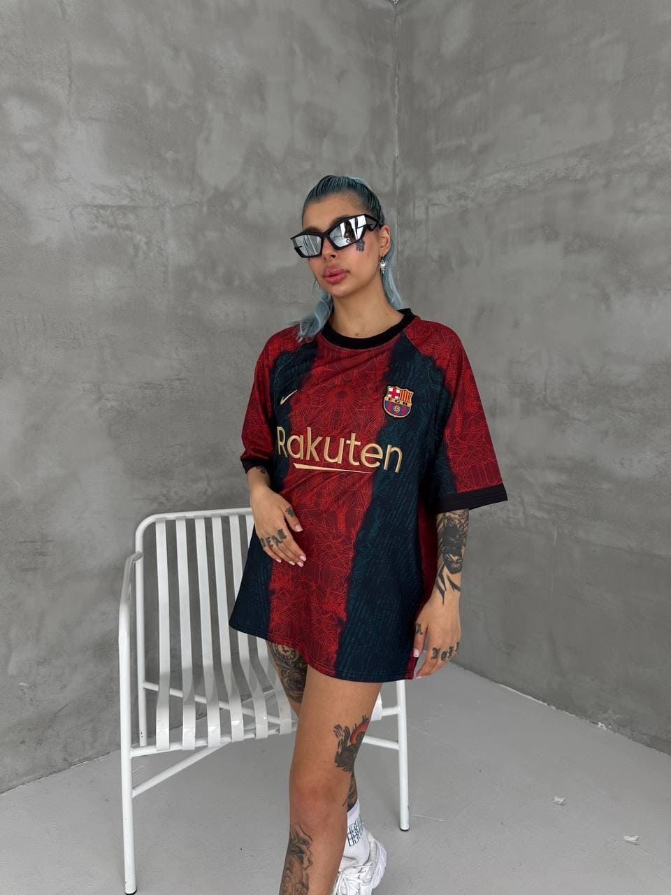 65011789-337b-49d0-aac2-3a77c23cd577 | UAE SPORT STORE Barcelona Inspired Oversized Geo Print Jersey Tee Red Teal Gold
