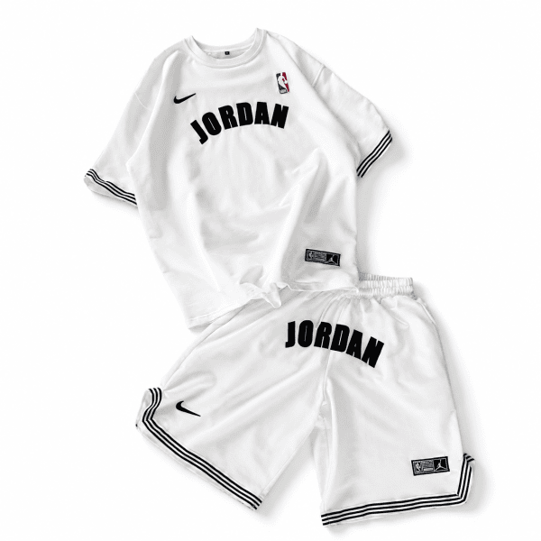 White Basketball Jersey Tee and Shorts Set – Black Stripe Trim