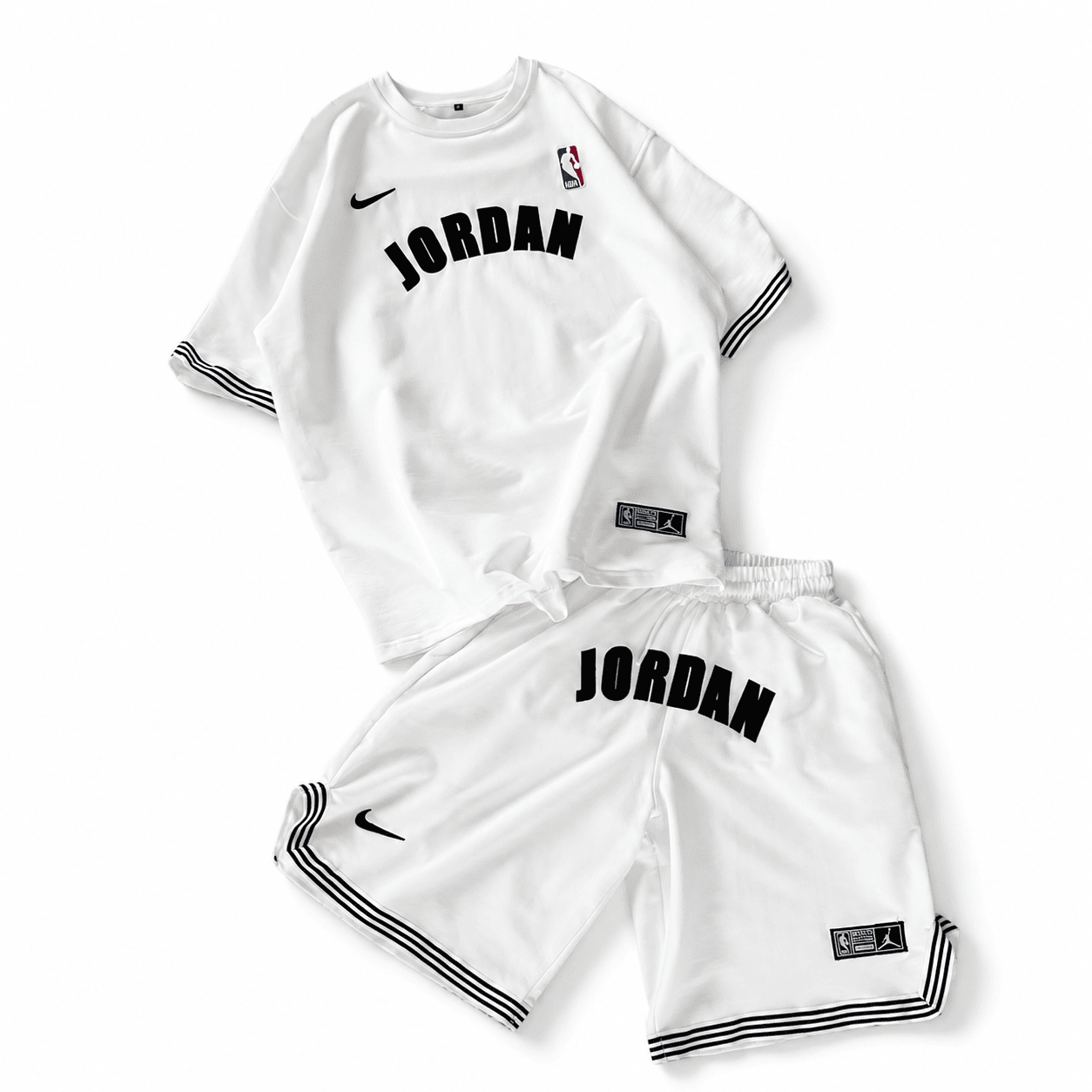 97f3904d-69c6-4038-80f7-2787bb769f8e | UAE SPORT STORE White Basketball Jersey Tee and Shorts Set – Black Stripe Trim