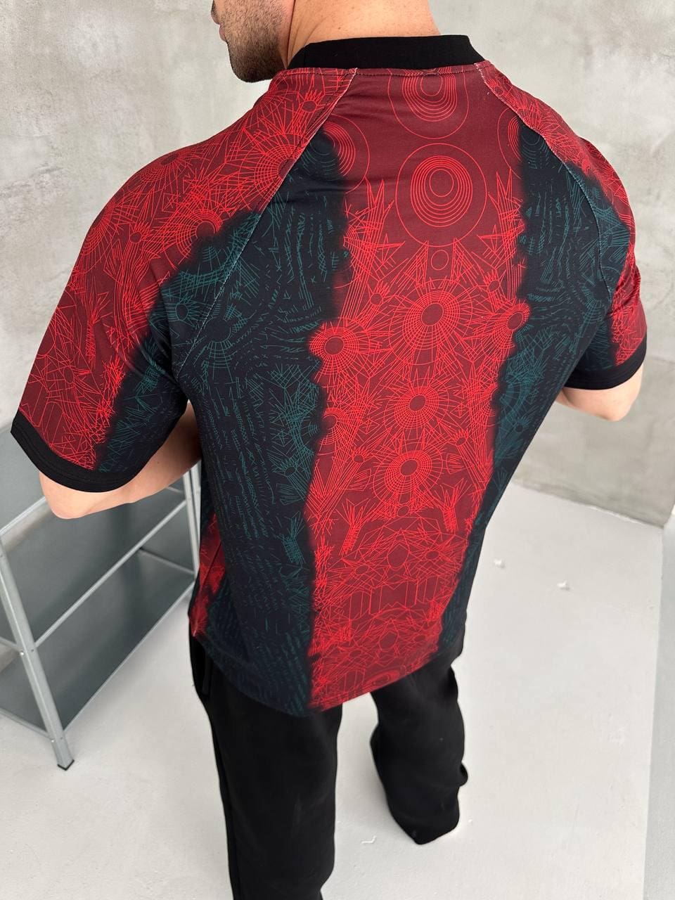 9a006cdf-30ee-4a01-b76e-78fde7244a29 | UAE SPORT STORE Barcelona Inspired Oversized Geo Print Jersey Tee Red Teal Gold