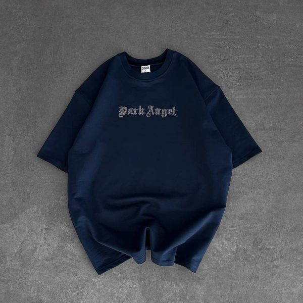 Men’s Navy Oversized Dark Angel Rhinestone T-Shirt