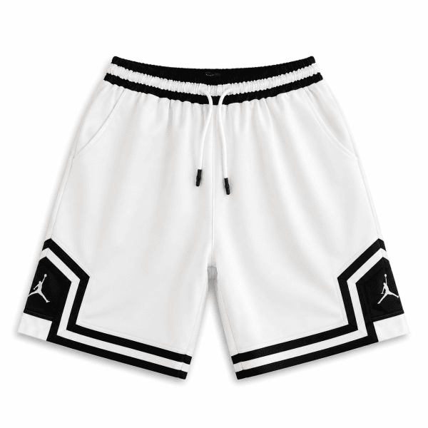 White Basketball Shorts – Black Geometric Trim