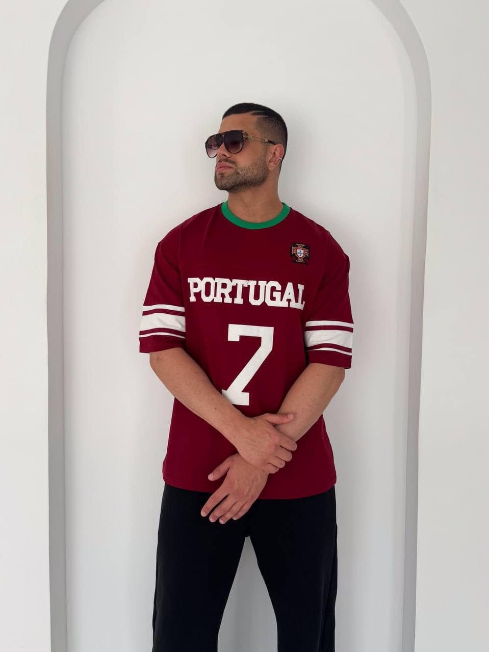b0be6f3c-ae3f-478c-9497-d4b406747471 | UAE SPORT STORE Portugal 7 Oversized Jersey Tee – Burgundy/Green