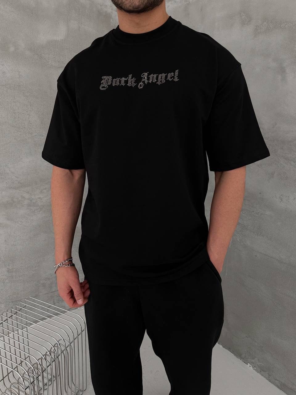 b8c702fd-81fd-431d-be60-e4339ef5afa3 | UAE SPORT STORE Men’s Black Oversized Dark Angel Rhinestone T-Shirt