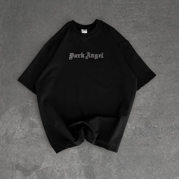 Men’s Black Oversized Dark Angel Rhinestone T-Shirt