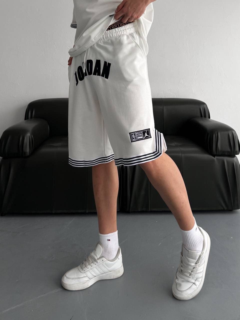 cee8a452-2986-41d4-a453-e09a04b28d53 | UAE SPORT STORE White Basketball Jersey Tee and Shorts Set – Black Stripe Trim