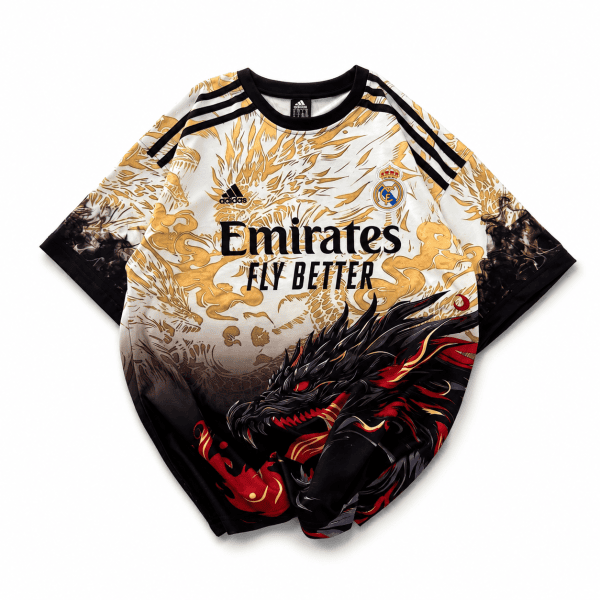 Real Madrid-Inspired Dragon Graphic Oversized Jersey Tee – White/Gold