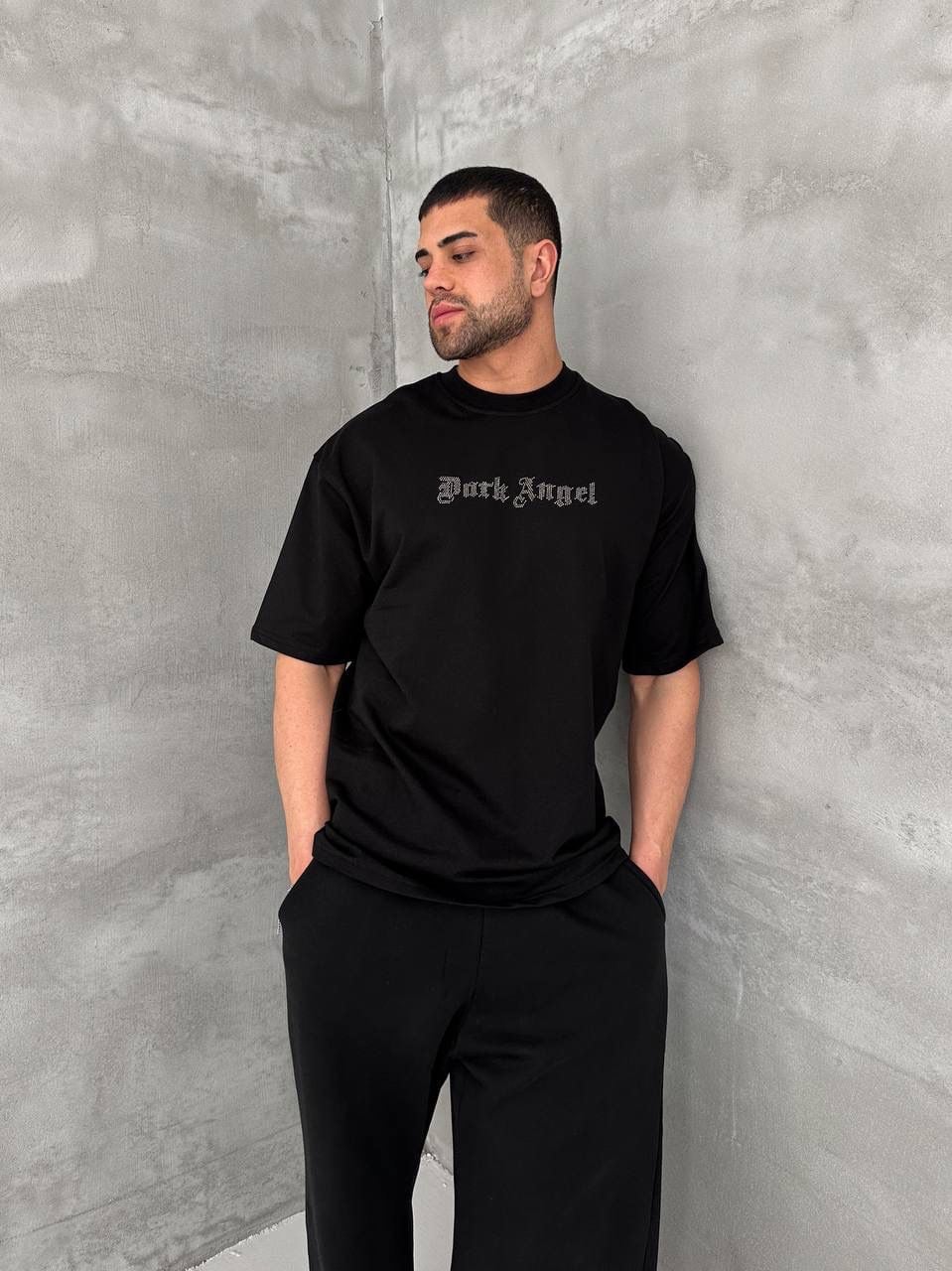 dd62eca9-21e0-4ea5-b715-8a8513c90601 | UAE SPORT STORE Men’s Black Oversized Dark Angel Rhinestone T-Shirt