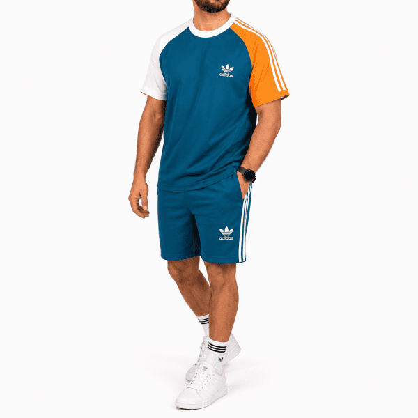Men’s Colorblock Raglan T-Shirt and Shorts Set – Teal/Orange/White