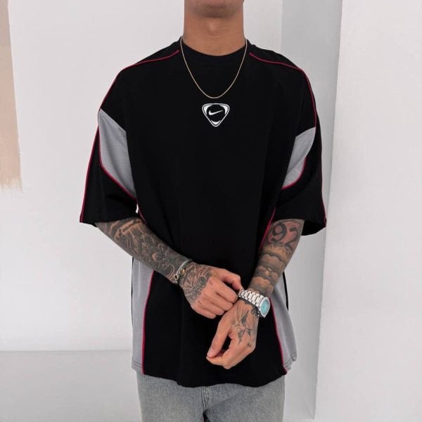 Men’s Oversized Black T-Shirt with Grey Panels and Red Piping
