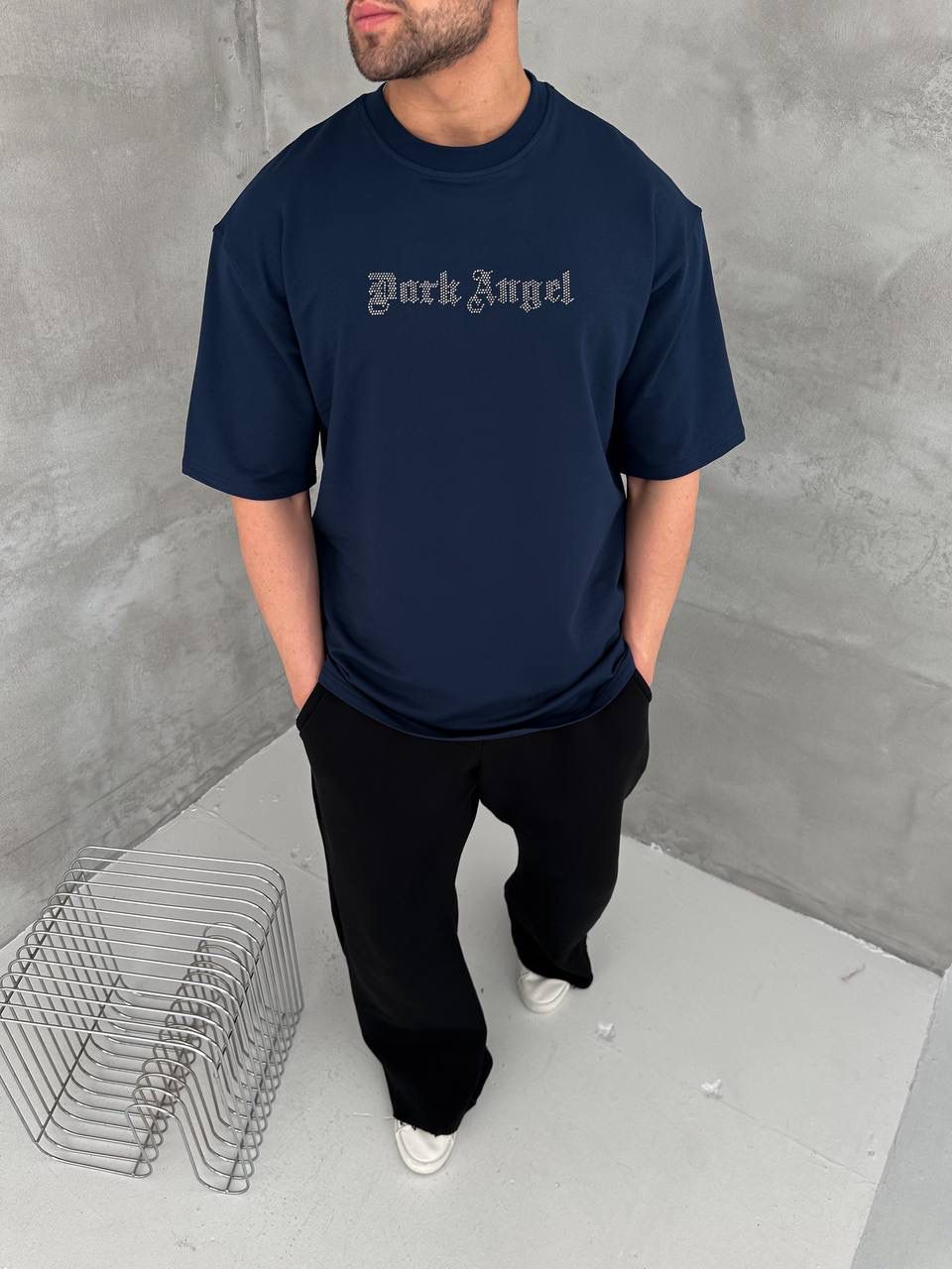 e7ed0039-d103-4dc3-a82c-ba2558d5c357 | UAE SPORT STORE Men’s Navy Oversized Dark Angel Rhinestone T-Shirt