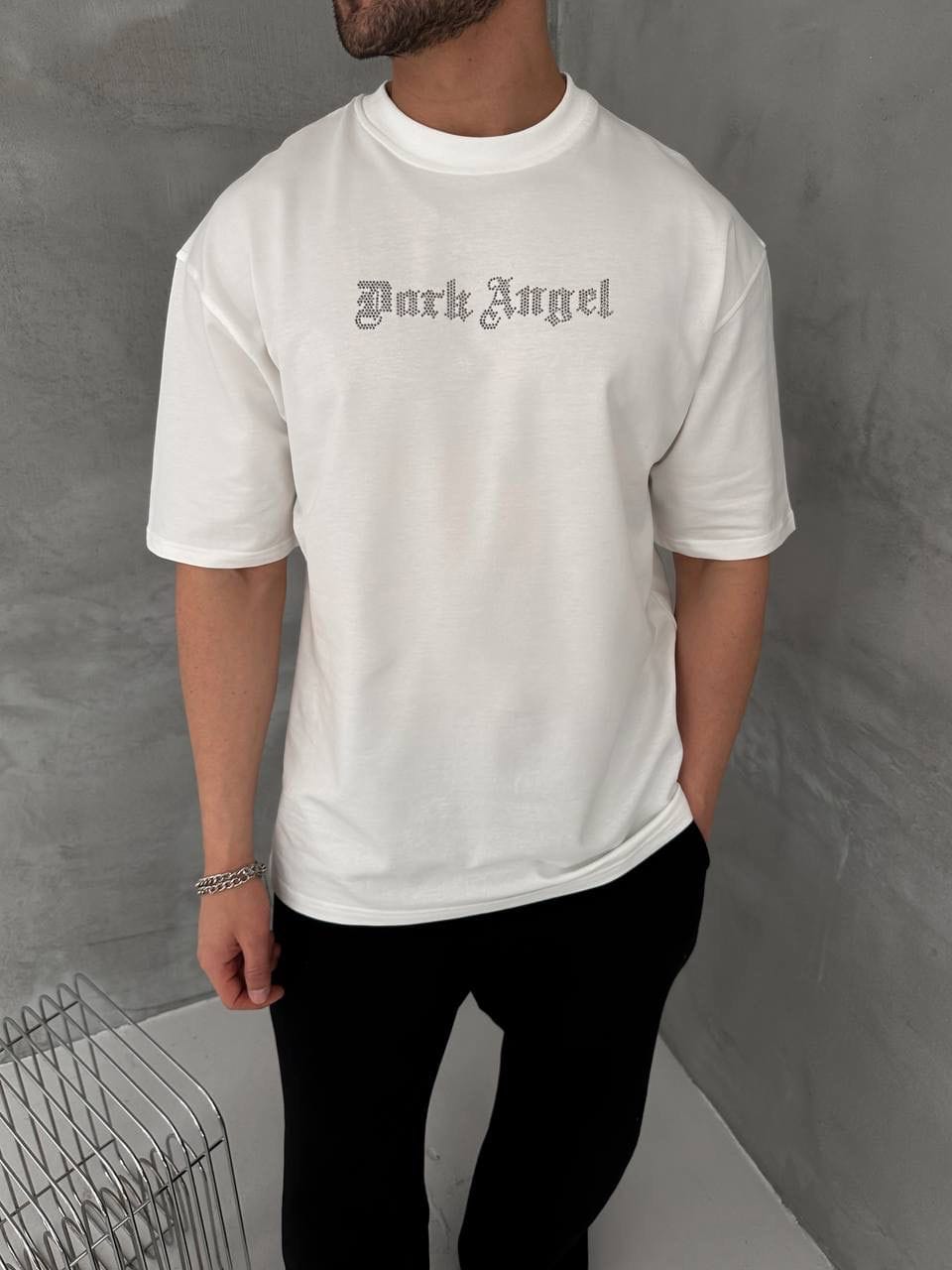 f302a9a3-fb16-43b1-b2c5-f3bd68eb73dd | UAE SPORT STORE Men’s White Oversized Dark Angel Rhinestone T-Shirt