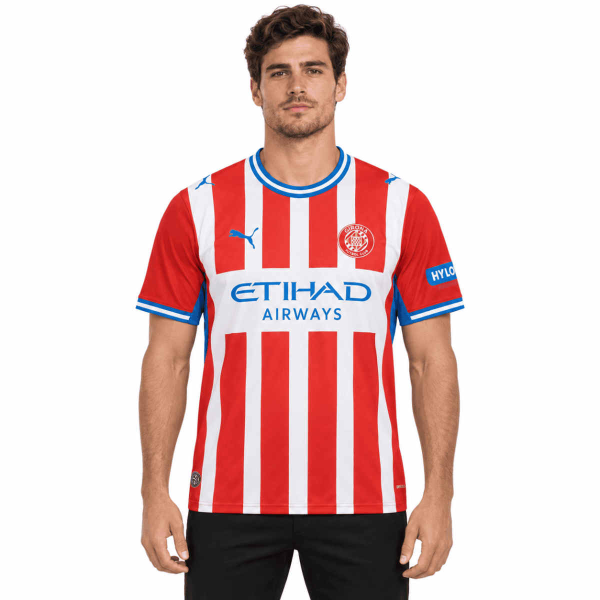 Girona home football jersey 2026/27 with red and white vertical stripes, blue accents.
