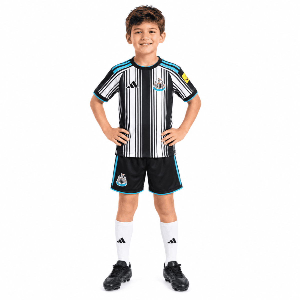 Kids Newcastle United home kit 2026/27 with black and white stripes, shorts, and socks.