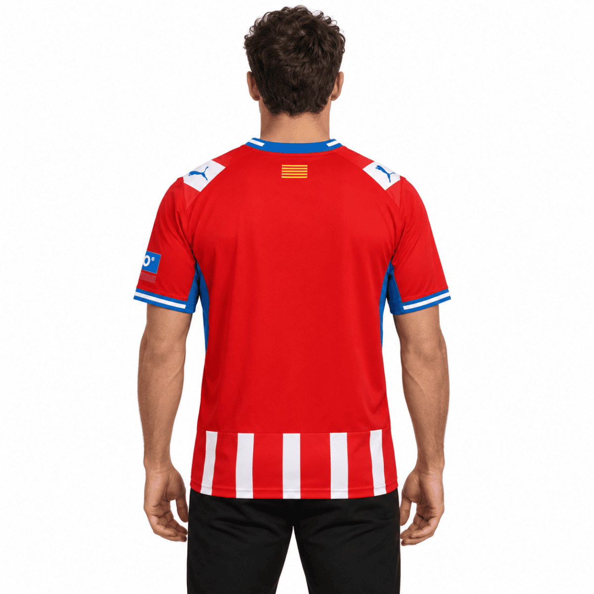 Red Girona home football jersey with blue and white accents, back view.