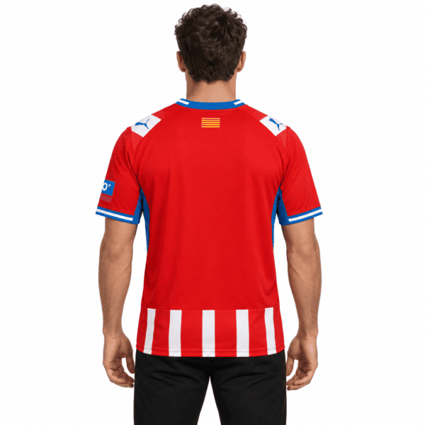 Red Girona home football jersey with blue and white accents, back view.