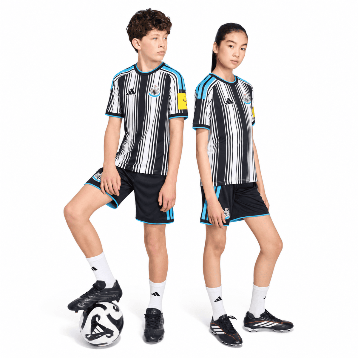 Kids Newcastle home football kits 2026/27 with black and white stripes.