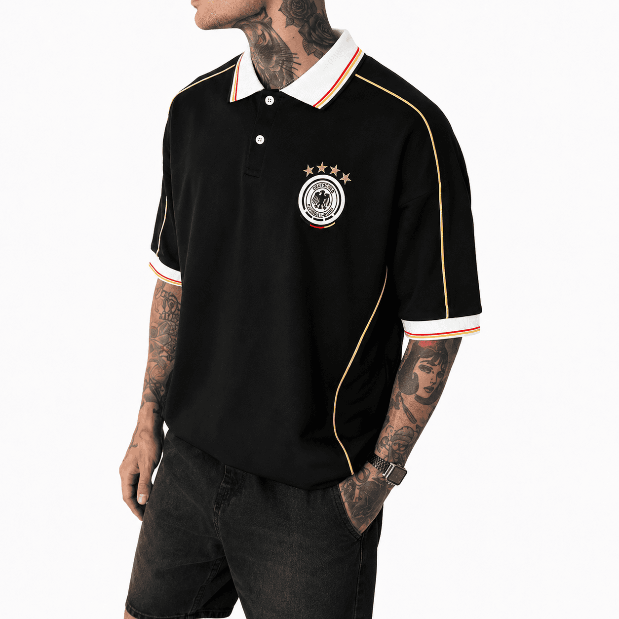 2c0f18c3-7d19-4758-816c-e7bf64915db5png | UAE SPORT STORE Men's Germany retro football polo shirt in black and gold – on model, front view