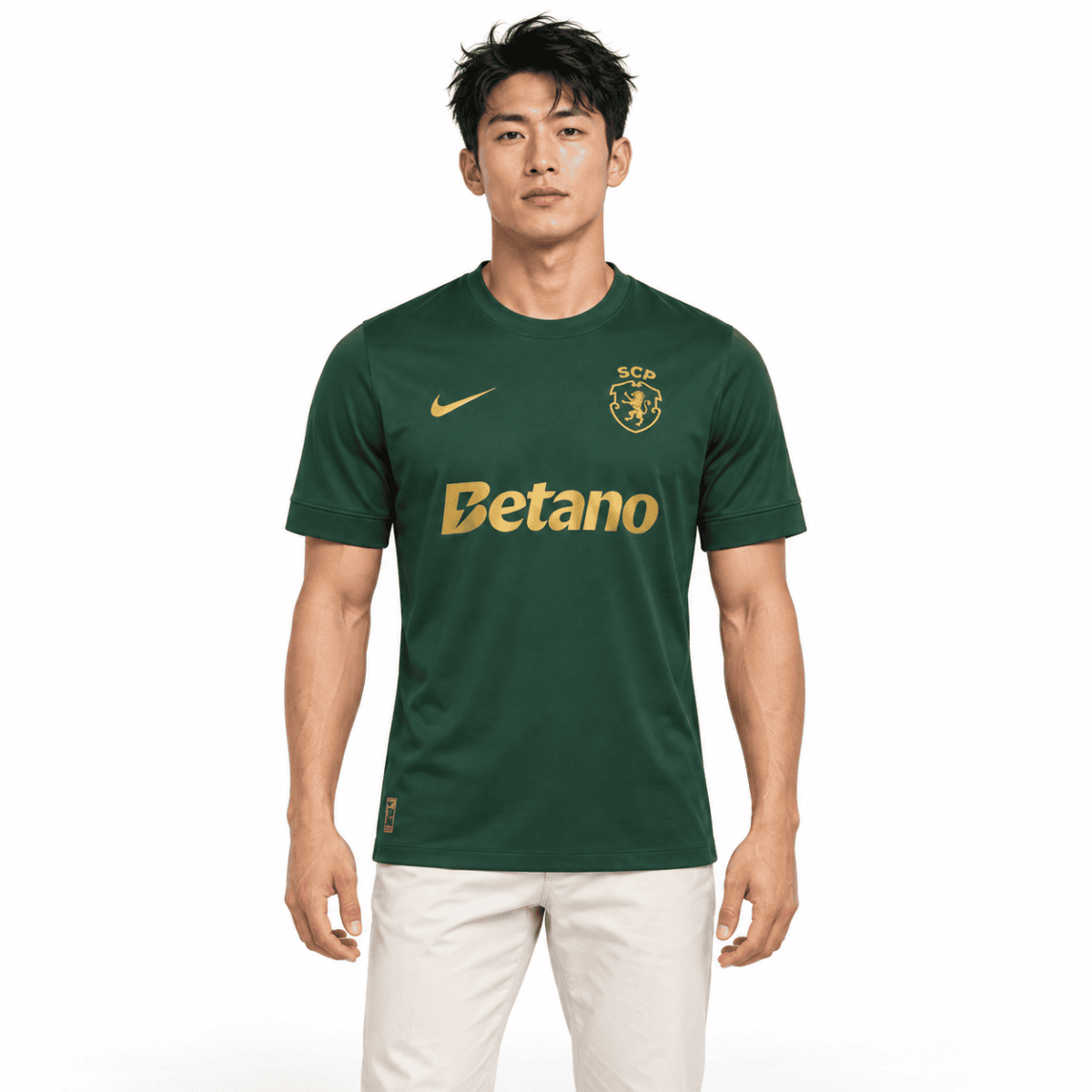 Sporting CP 120th Anniversary jersey, green with yellow logo and sponsor, front view.