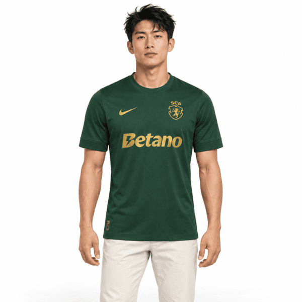 Sporting CP 120th Anniversary jersey, green with yellow logo and sponsor, front view.