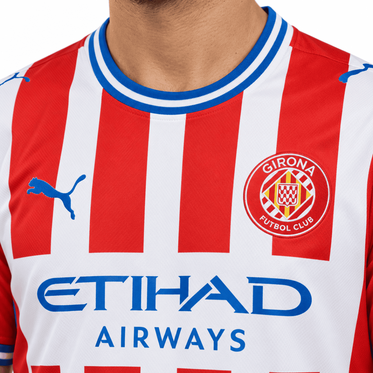 Girona home football jersey 2026/27 with red and white vertical stripes.