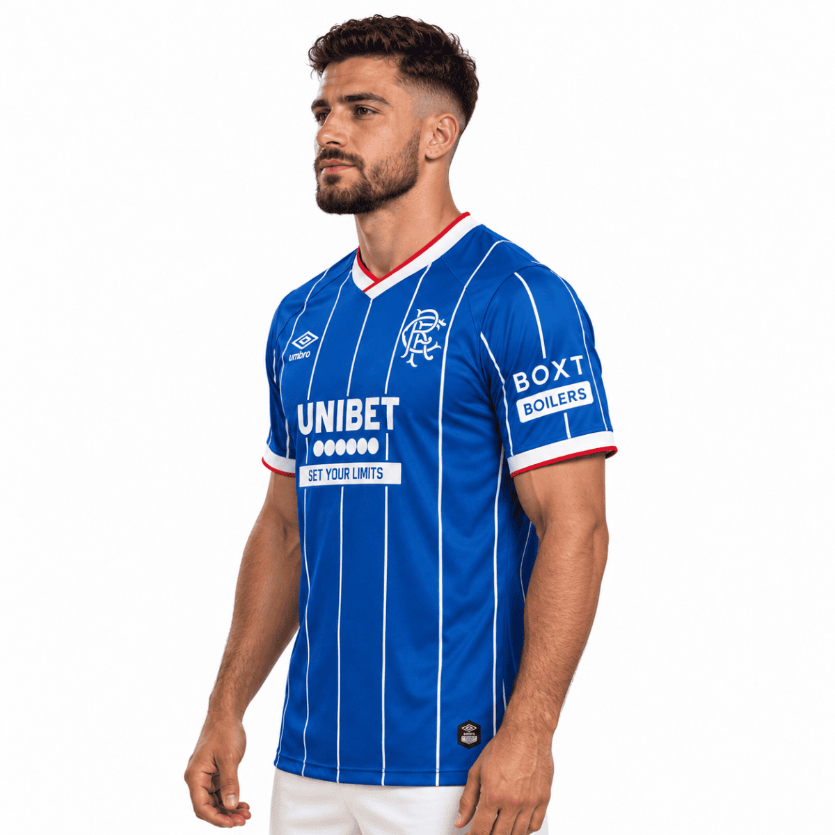 Rangers home football jersey 2026/27 with blue and white vertical stripes.