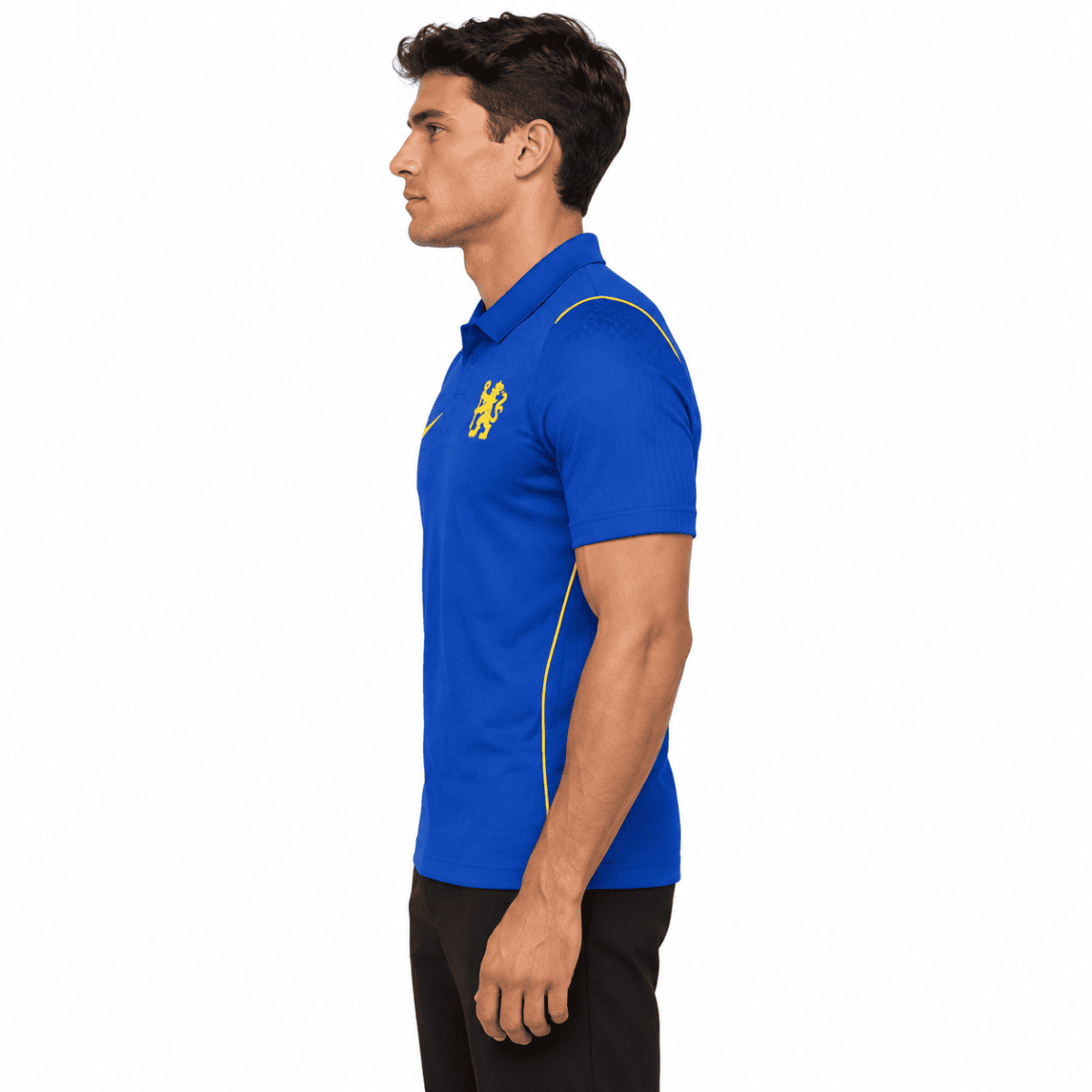 Blue Chelsea home jersey 2026/27 with yellow crest, side view.