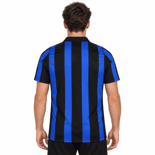 Inter Milan blue and black striped shirt, plain rear view on model