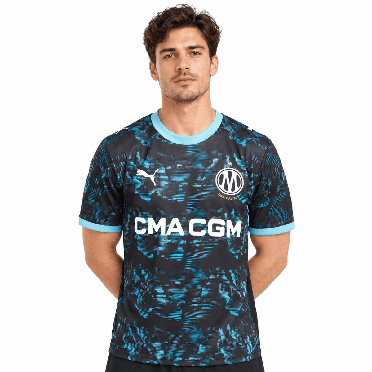 Marseille away football jersey 2026/27 with blue and black camouflage design.
