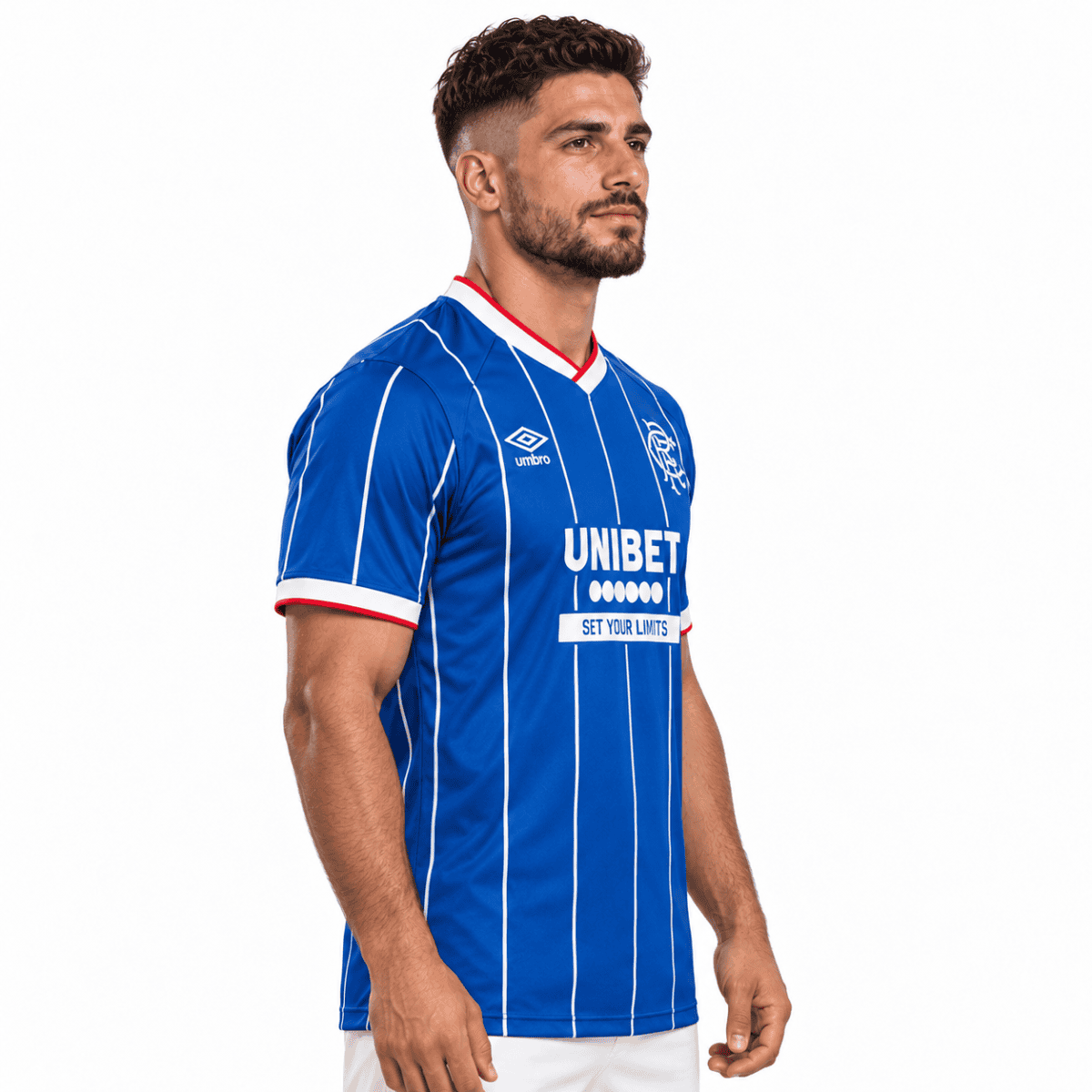 Rangers home football jersey 2026/27 with blue and white vertical stripes.