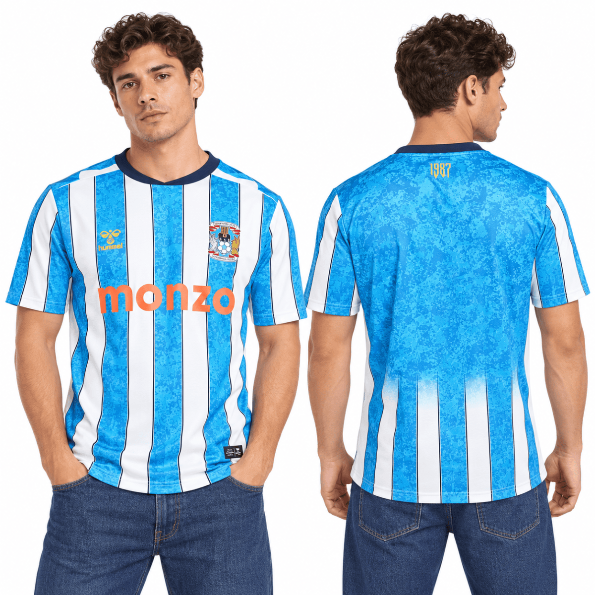 Coventry City home jersey 2026/27 with blue and white vertical stripes, Monzo sponsor logo.